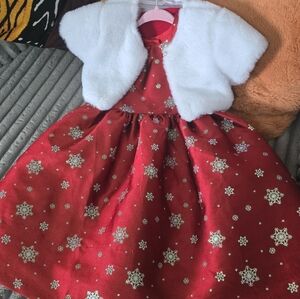 *NWOT*Red Dress with White Snowflake Pattern, Faux Fur Bolero w/mathing tights